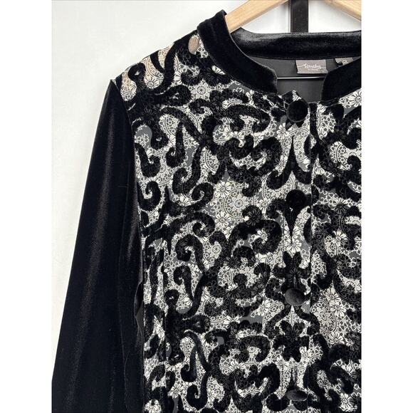 Chico's Travelers Black Velvet Swirl Button Up Blouse Women's L Artsy Sheer - Picture 3 of 13
